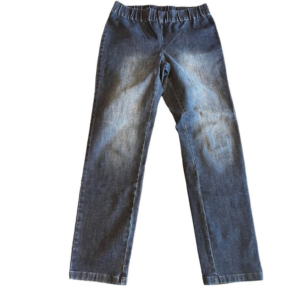 Soft surroundings pull on straight leg elastic waist denim jeans medium 24848